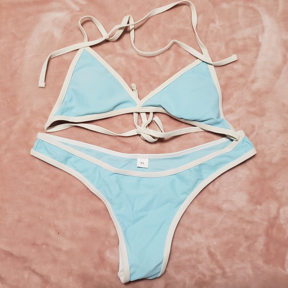 Baby blue and white triangle bikini swim set size Extra Large
